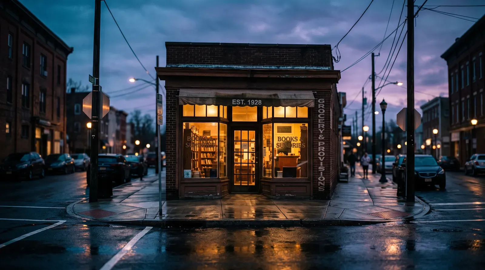 A corner storefront glowing at dusk on a New Jersey main street