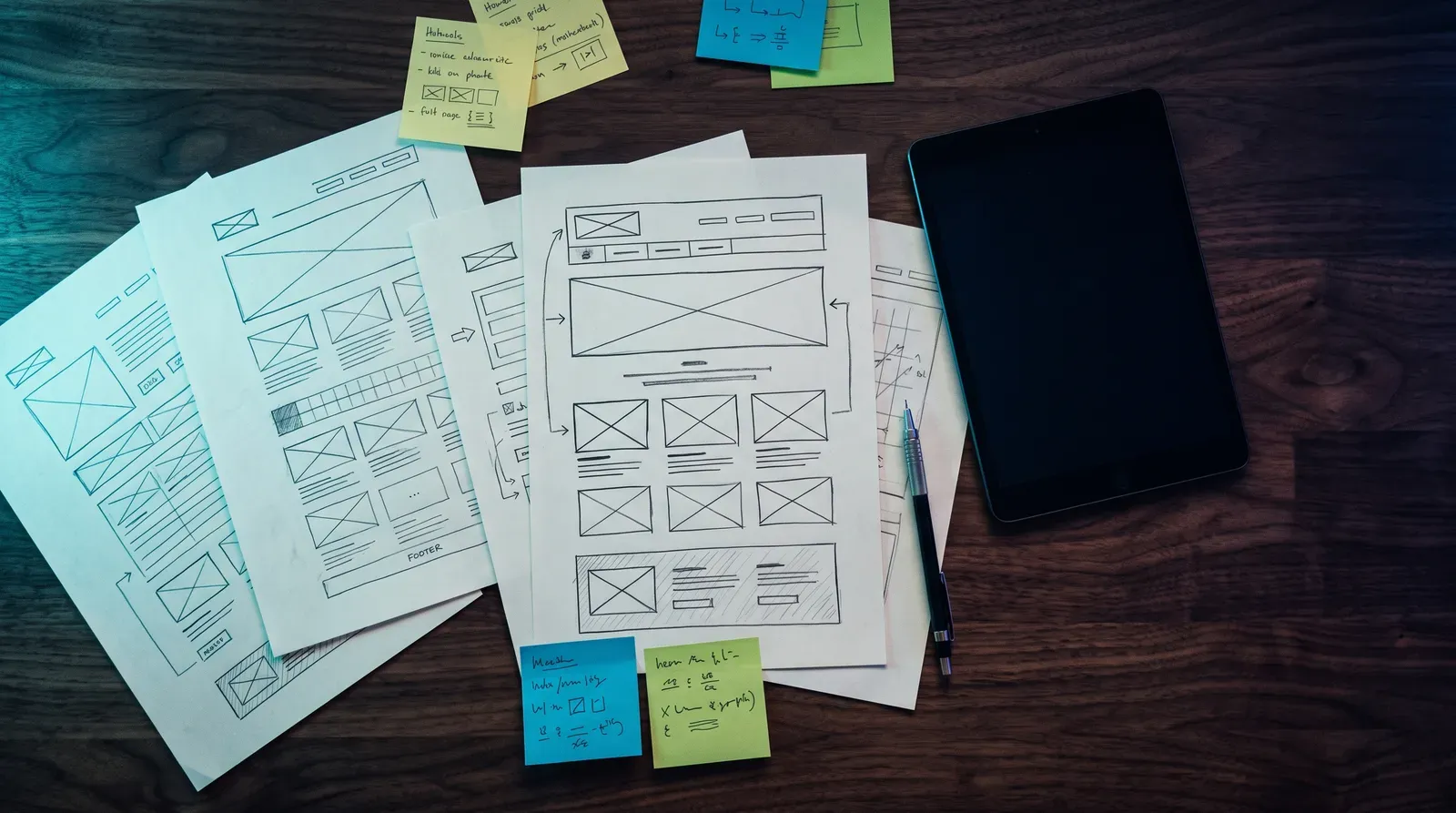Hand-drawn website wireframes spread across a desk